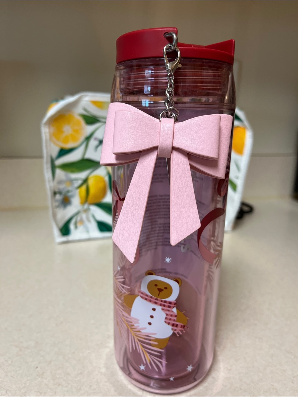 Starbucks Christmas 2025 16oz Cold Water Bottle With Bears & Pink Ribbon